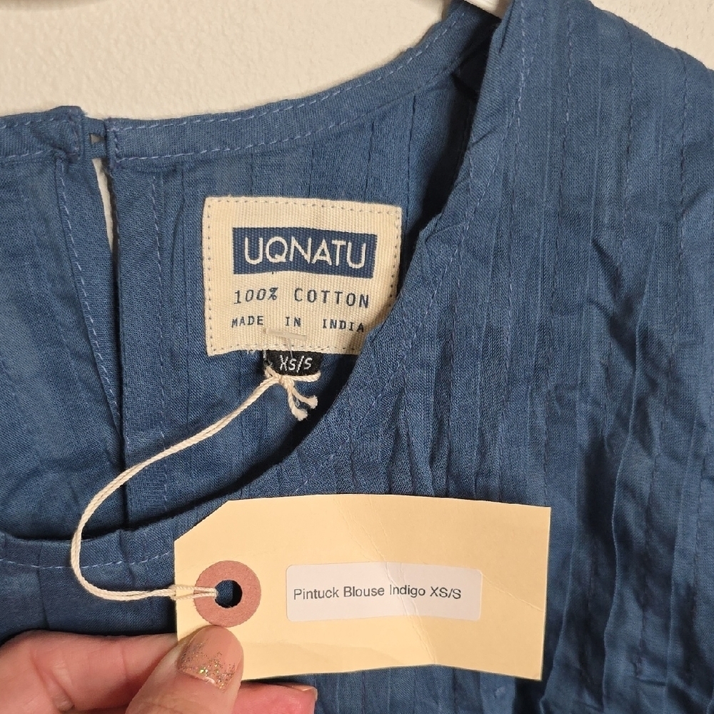 Uqnatu NWT Indigo Pintuck Blouse Top - Picture 2 of 7